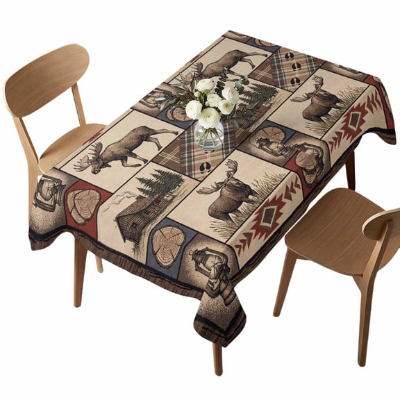 Country Style Rectangle Tablecloth Farm Buck Wooden House Aztec Plaid Patchwork Waterproof Wrinkle Free Soft Table Cloth Spill-Proof Washable Table Cover for Dining Party Picnic 52 x 70 Inch
