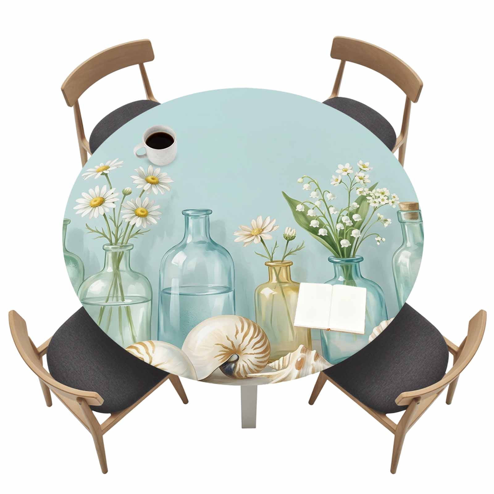 Country Style Round Fitted Table Cover Glass Bottle Daisy Flowers ...