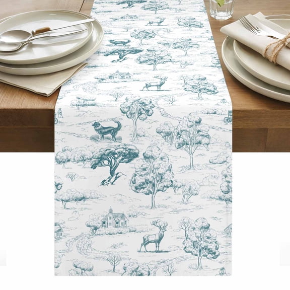 Country Style Table Runner 13 x 36 Inch, Vintage Cottages Animals Dog Tree Retro Illustration Green Washable Cotton Linen Dining Table Runner Tabletop Decorations for Restaurant Home Kitchen Party