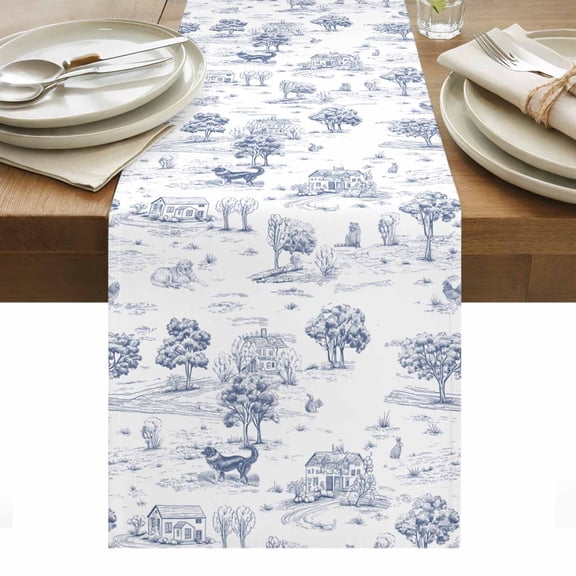 Country Style Table Runner 13 x 36 Inch, Vintage Cottages Animals Tree Retro Illustration Blue Washable Cotton Linen Dining Table Runner Tabletop Decorations for Restaurant Home Kitchen Party