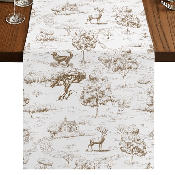 Country Style Table Runner 36 Inches Long, Vintage Cottages Animals Dog Tree Retro Illustration Cotton Linen Dining Table Runner Dresser Scarves for Home Kitchen Party Decor 13"x36"