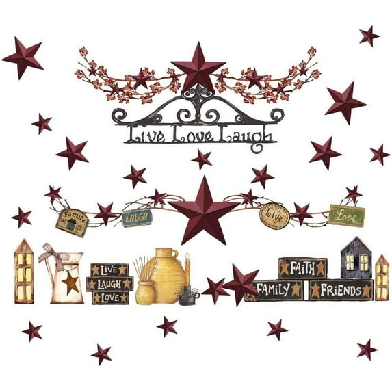 Country Style Wall Decals Country Stars Berries Live Love Laugh Wall Sticker Vintage Western Country Home Farmhouse Wall Decor Kitchen Stickers Rustic Decor for Living Room Bedroom