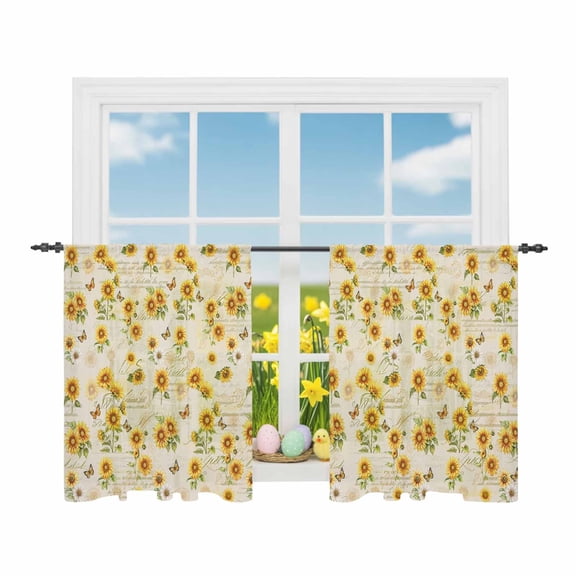 Country Summer Sheer Curtains 45 Inch Length Rod Pocket Semi Transparent Light Filtering Window Drapes for Kitchen Bedroom Living Room,2 Panels, Sunflower Butterfly Pattern Gold Yellow