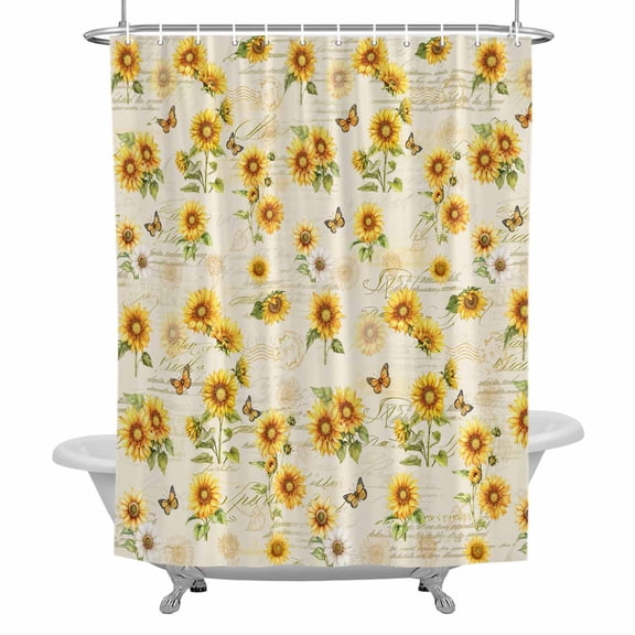 Country Summer Shower Curtain Set with Hooks, Sunflower Butterfly Pattern Waterproof Fabric Bathroom Curtains Decor Home Accessories, Stall Long 54 X 78 Inch