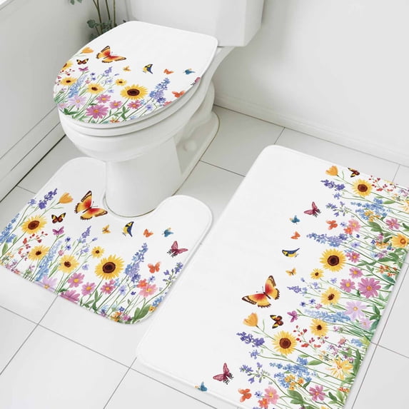 Country Sunflower Bathroom Rugs Set Daisy Butterfly Retro Farmhouse Botanical Non Slip Absorbent Soft Bath Mats 3 Piece Set with Bathroom Rug, U-Shaped Floor Mat, Toilet Seat Cover Large Size