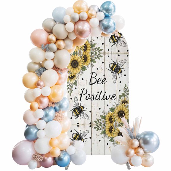 Country Sunflower Bee Arch Backdrop Cover Spandex Fitted Arch Cover 6FT,Arches Backdrop Stand Covers for Wedding Birthday Party Ceremony Banquet Decoration Polka DotWhite Yellow Floral Wood Plank