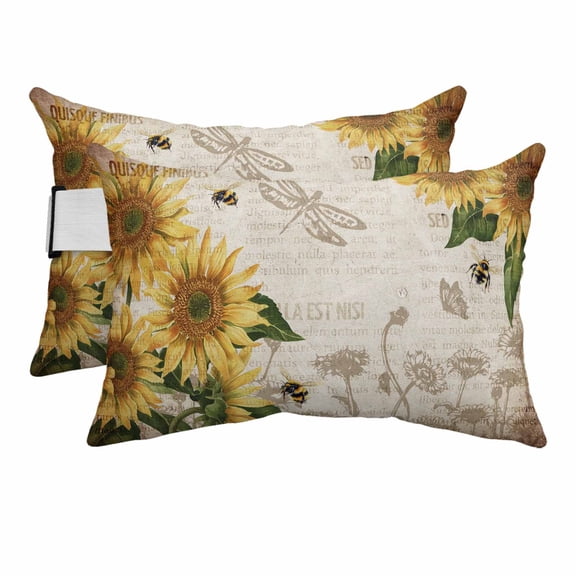 Country Sunflower Bee Butterfly Outdoor Pillow for Chaise Lounge Chair,Head Resting Pillow with Insert, Farm Vintage Old Newspaper Waterproof Lumbar Pillows for Patio,11"x16" 2 Pack