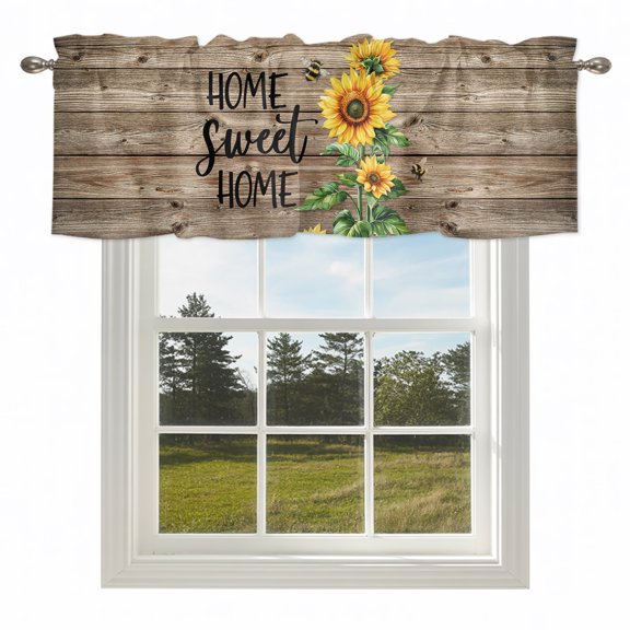 Country Sunflower Bee Green Leaves Valances for Windows Farm Retro Wood Board Rod Pocket Curtain Valance Window Treatment Short Curtains for Kitchen Living Room,54x18in