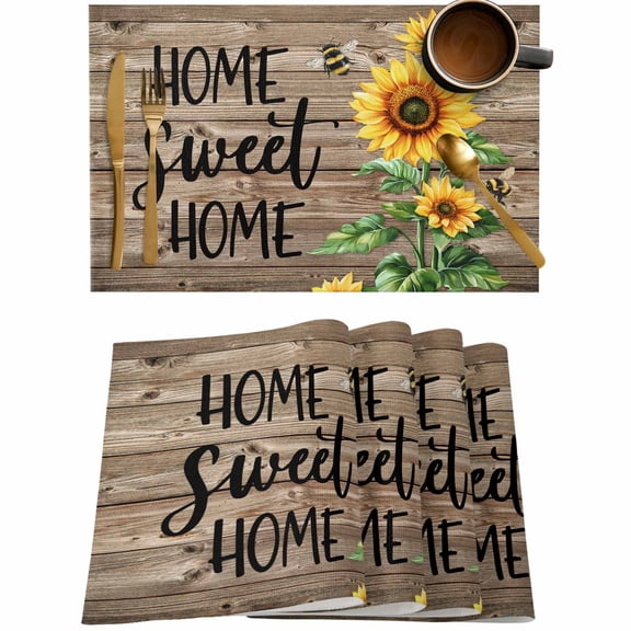 Country Sunflower Bee Green Plant Placemats Set of 4,Wipeable Washable Table Mats for Dining Tables,Farm Retro Wood Board Place Mats for Kitchen Event Party Tabletop Decor