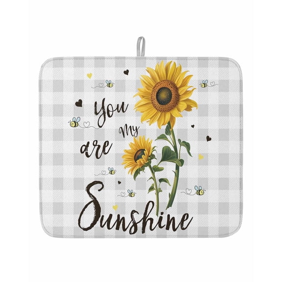 Country Sunflower Bee Heart Dish Drying Mats for Kitchen Counter,Absorbent Microfiber Dish Drainer Rack Mat Gray Buffalo Plaid Sunshine Quote Drying Pad for Sinks,Utensils,Countertops,16x18in
