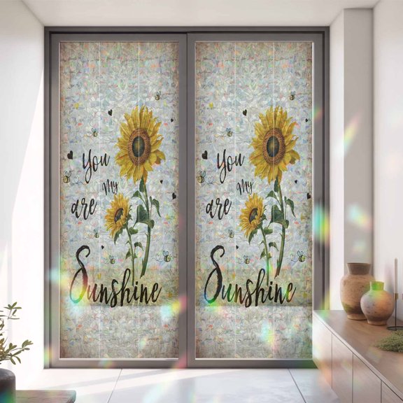 Country Sunflower Bee Sunshine Quote Window Privacy Film, Rainbow Film Decorative Window Sticker 35.4x78.7in, Vintage Letter Sun Blocking Static Stained Glass Cling Tint Non-Adhesive