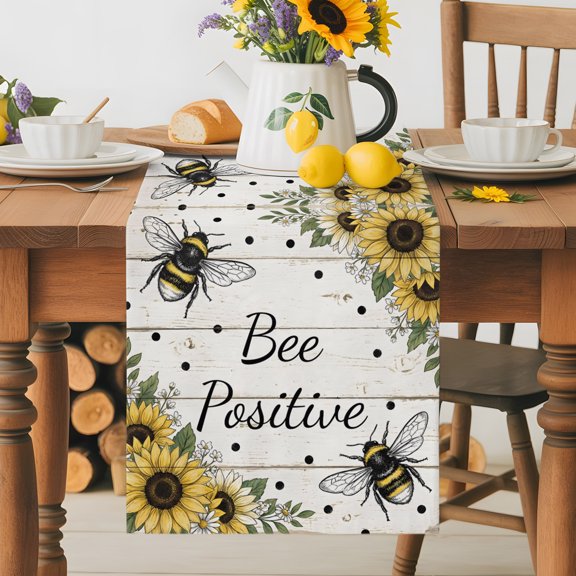 Country Sunflower Bee Table Runner 72 Inches Long, Polka DotWhite Yellow Floral Wood Plank Table Runners Tabletop Scarf Kitchen Dining Tables Decoration for Home Party Indoor Outdoor