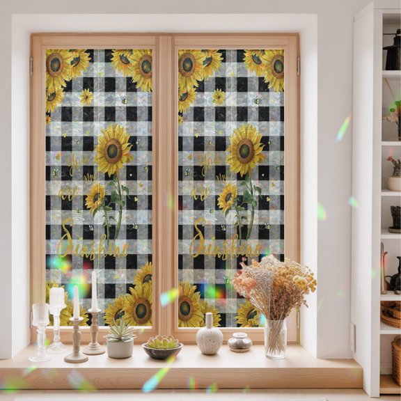 Country Sunflower Bee Window Privacy Film,Decorative Windows Static Cling Rustic Botanical Retro Checkered Heat Control Removable Glass Sticker for Home Bathroom Bedroom Window Door,23.6x59in