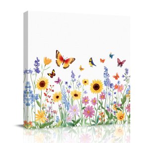 Country Sunflower Canvas Wall Art for Living Room, Daisy Butterfly Retro Farmhouse Botanical Poster Print Painting for Bedroom Office Home Decoration Wall Pictures Prepare To Hang 8"x8"