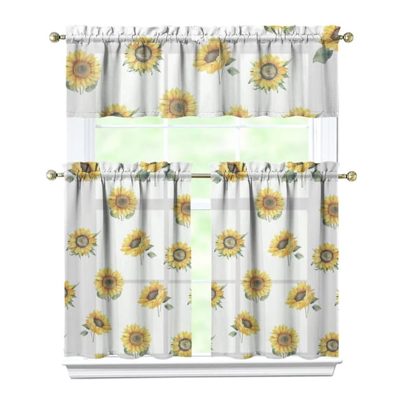 Country Sunflower Curtains 3-Piece Set - Rustic Floral Tier & Valance, Farmhouse Kitchen Window Treatment, Yellow Golden Sunflower & Wildflowers Design