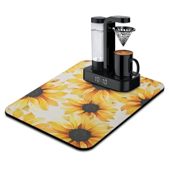 Country Sunflower Farm Theme Dish Drying Mat, Boho Vintage Floral Coffee Bar Mat, Absorbent Yellow Bloom Kitchen Counter Protector