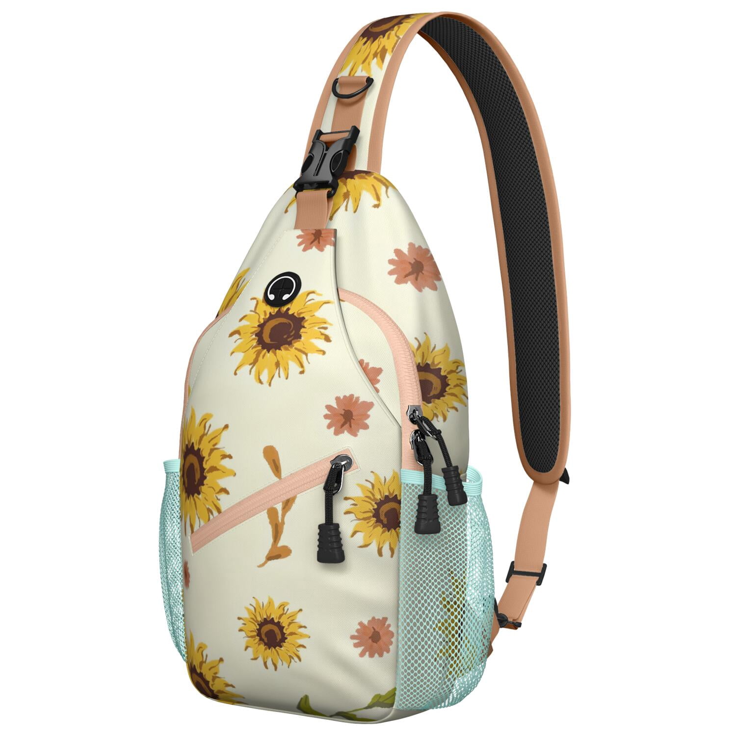 Country Sunflower Farm Theme Sling Bag Golden Floral Chest Backpack with Spacious Pockets Hands-Free Option for Men & Women