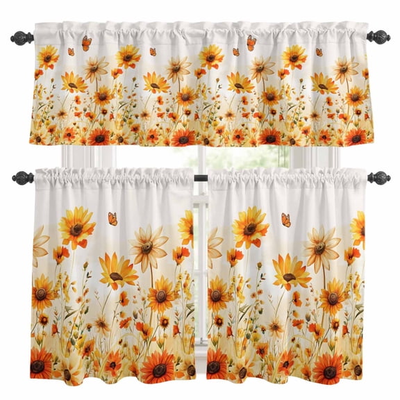 Country Sunflower Kitchen Curtains Valances and Tiers Set of 3 Watercolor Orange Flower Field Farmhouse Tier Curtains and Valance with Rod Pocket for Small Windows, 27.5"x24"