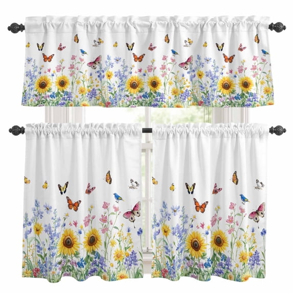 Country Sunflower Kitchen Curtains Valances and Tiers Set of 3 Wildflowers Butterfly Farmhouse Botanical Tier Curtains and Valance with Rod Pocket for Small Windows, 27.5"x36"