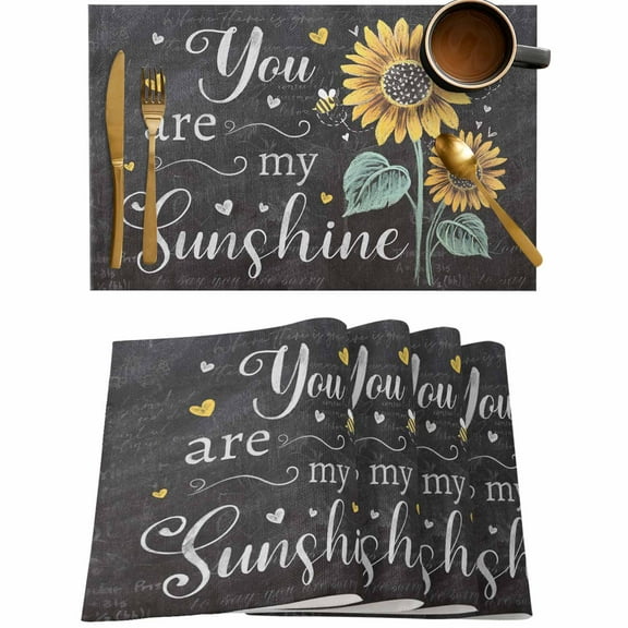 Country Sunflower Plant Sunshine Quote Placemats Set of 4,Wipeable Washable Table Mats for Dining Tables,Vintage Gray Place Mats for Kitchen Event Party Tabletop Decor