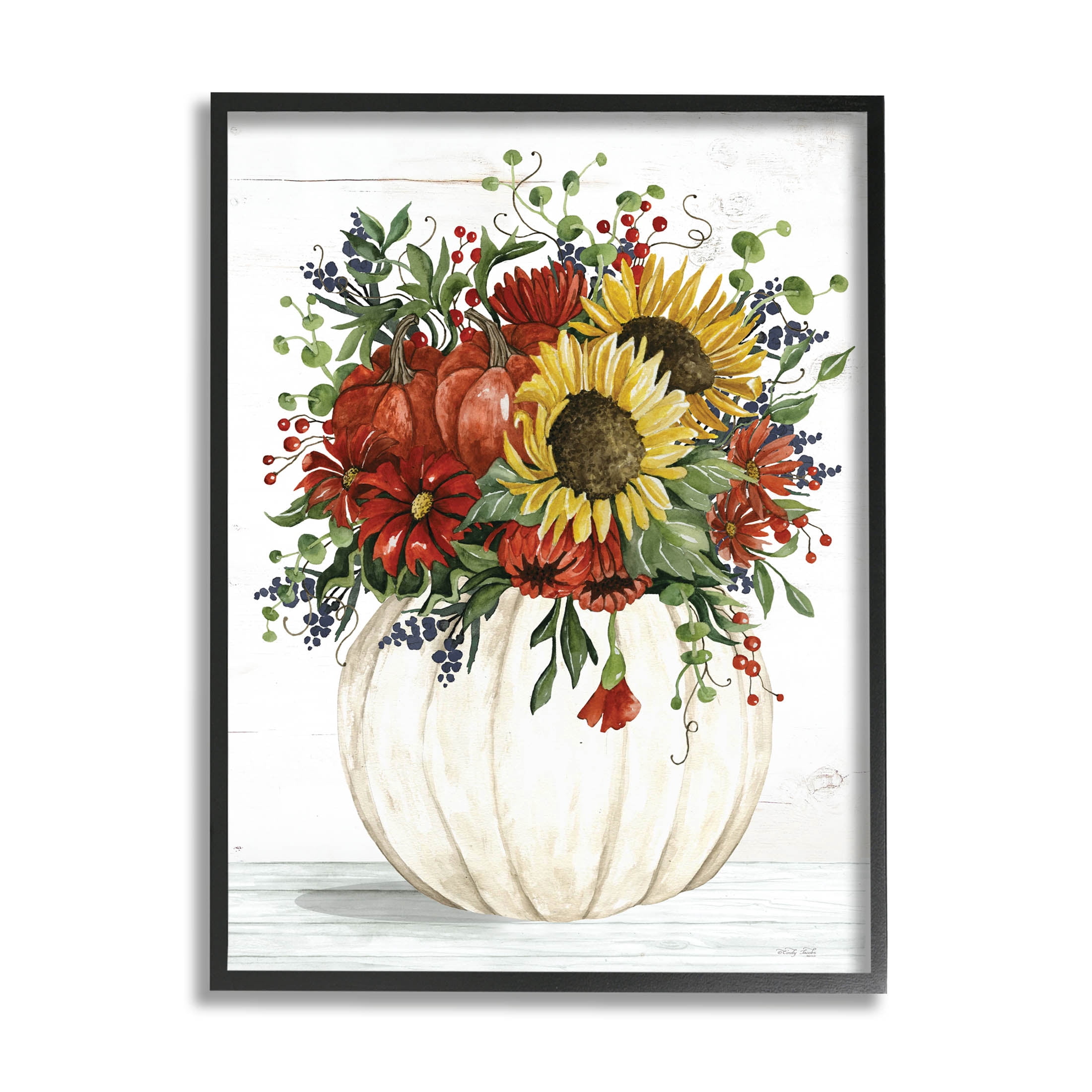 Country Sunflower Pumpkin Bouquet Botanical & Floral Graphic Art Black Framed Art Print Wall Art