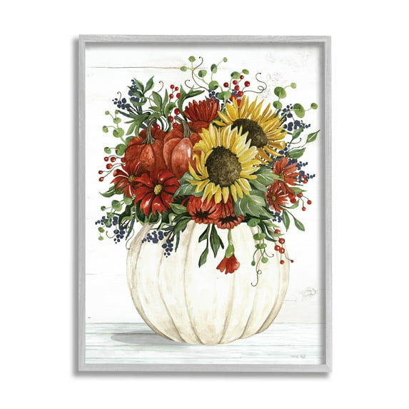 Country Sunflower Pumpkin Bouquet Botanical & Floral Graphic Art Gray Framed Art Print Wall Art