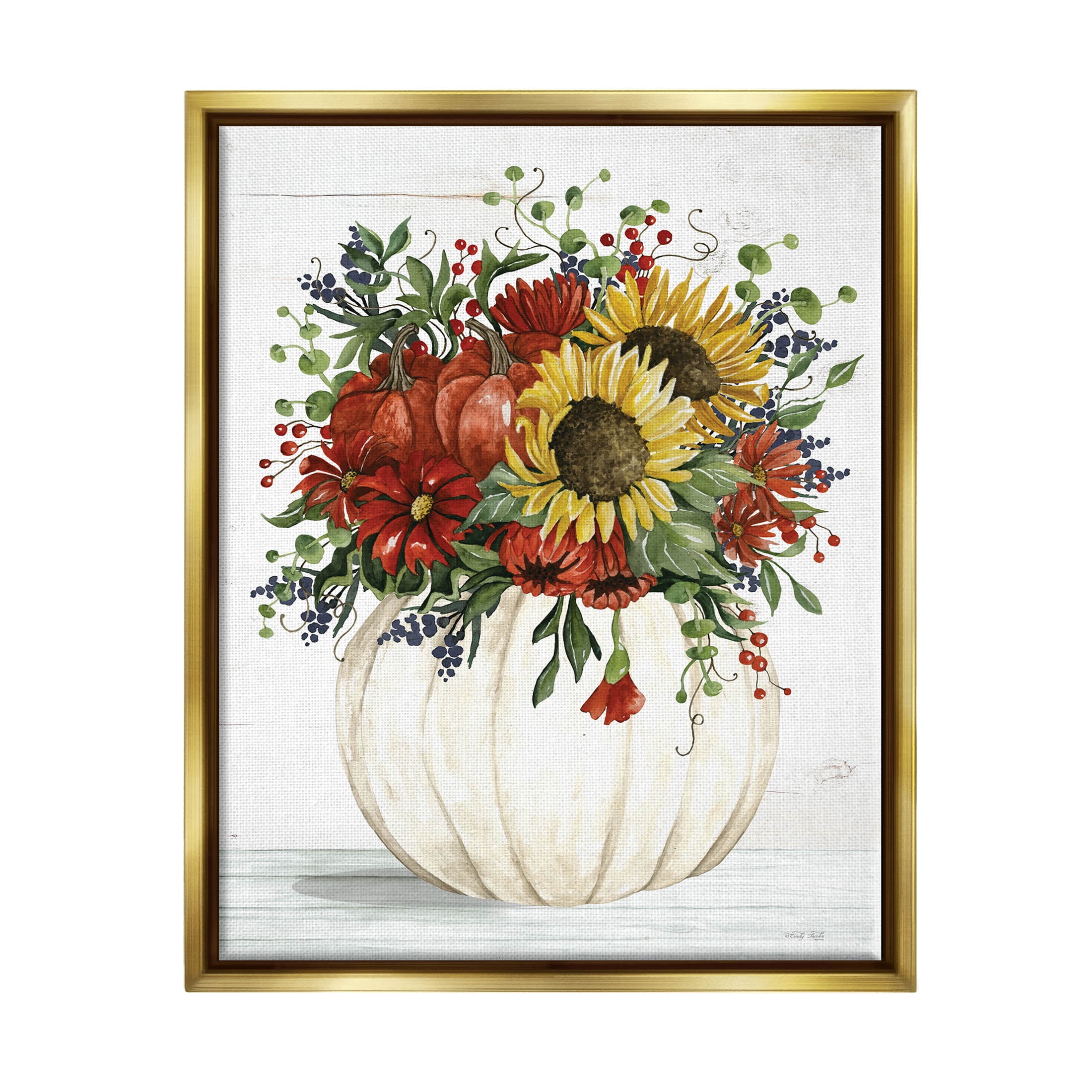 Country Sunflower Pumpkin Bouquet Botanical & Floral Graphic Art Metallic Gold Framed Art Print Wall Art