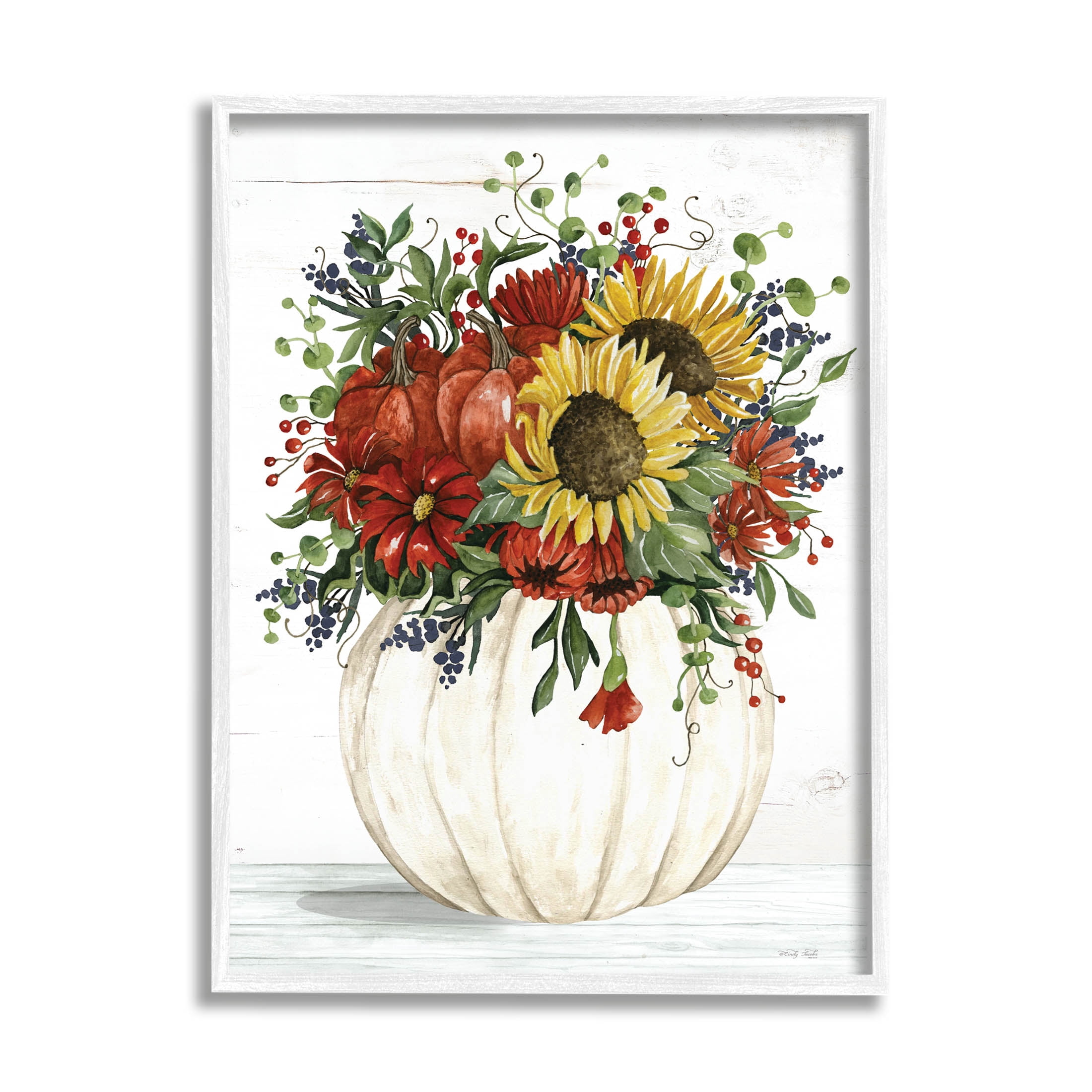 Country Sunflower Pumpkin Bouquet Botanical & Floral Graphic Art White Framed Art Print Wall Art