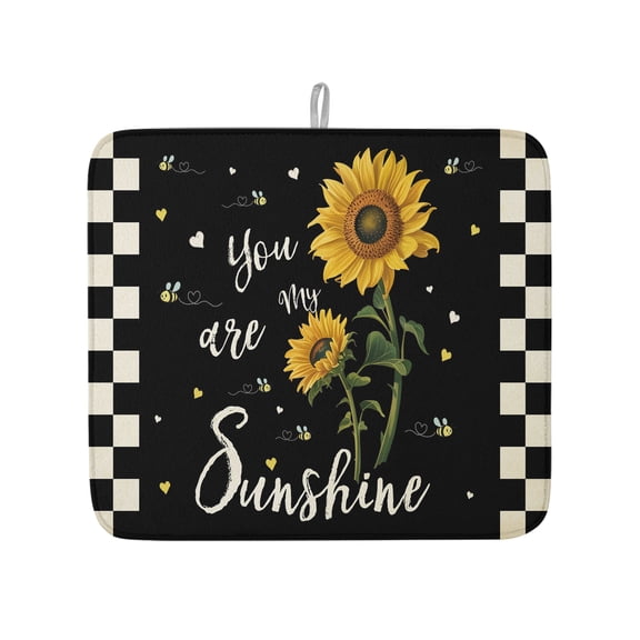 Country Sunflower Sunshine Quote Dish Drying Mats for Kitchen Counter,Absorbent Microfiber Dish Drainer Rack Mat Retro Black Plaid Drying Pad for Sinks,Utensils,Countertops,16x18in