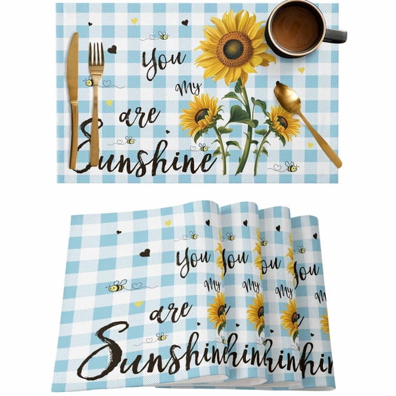 Country Sunflower Sunshine Quote Placemats Set of 4,Wipeable Washable Table Mats for Dining Tables,Farm Bee Blue Plaid Place Mats for Kitchen Event Party Tabletop Decor