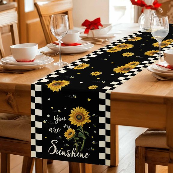 Country Sunflower Sunshine Quote Table Runner 36 Inches Long,Kitchen Dining Tablerunners Retro Black Plaid Linen Table Runners Dresser Scarves for Home Dinner Wedding Holiday Party Decor