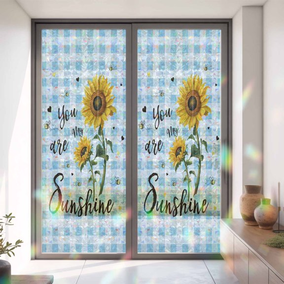 Country Sunflower Sunshine Quote Window Privacy Film, Rainbow Film Decorative Window Sticker 35.4x78.7in, Farm Bee Blue Plaid Sun Blocking Static Stained Glass Cling Tint Non-Adhesive