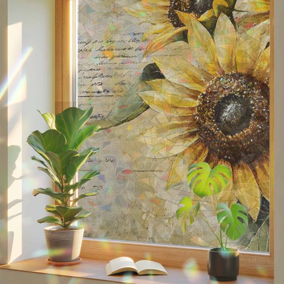 Country Sunflower Vintage Old Newspaper Window Privacy Film, Rainbow Film Decorative Window Sticker 17.7x39.3in, Still Life Blossom Floral Sun Blocking Static Stained Glass Cling Tint Non-Adhesive