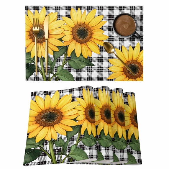 Country Sunflowers Placemats Set of 2, Yellow Floral Vintage Black Buffalo Plaid Non-Slip Place Mats Washable Table Mats for Kitchen Dining Table Decorations Indoor/Outdoor