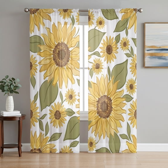 Country Sunflowers Sheer Curtains 96 Inch Length 2 Panels Set, Vintage Leaves Floral Rustic Botanical Voile Window Treatment Semi Sheer Long Curtains Drapes for Bedroom/Living Room/Kitchen 52"x96"x2