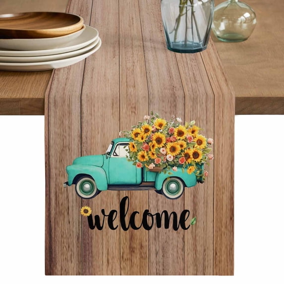 Country Sunflowers Table Runner 70 Inches, Welcome Rustic Truck Floral Farm Brown Bed Runner Dresser Scarves Tabletop for Indoor Outdoor Parties/Ceremony/Banquet, 13" x 70"