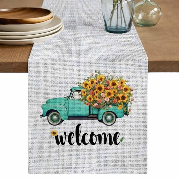 Country Sunflowers Table Runner 72 Inches, Welcome Rustic Truck Floral Farmhouse Bed Runner Dresser Scarves Tabletop for Indoor Outdoor Parties/Ceremony/Banquet, 18" x 72"