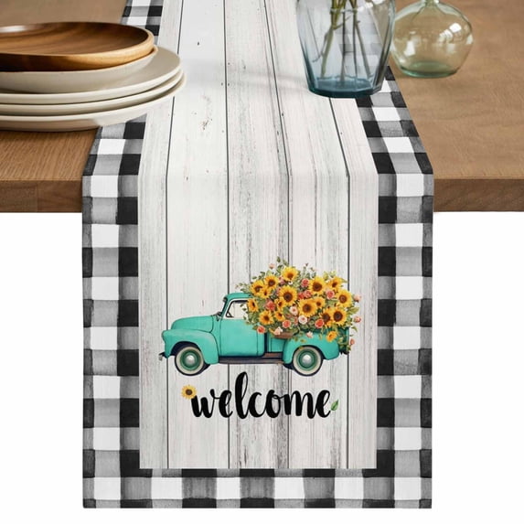 Country Sunflowers Table Runner 90 Inches, Welcome Rustic Truck Floral Farm Wooden Bed Runner Dresser Scarves Tabletop for Indoor Outdoor Parties/Ceremony/Banquet, 13" x 90"