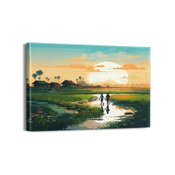 Country Sunrise & Greenery Landscape Wall Art, Harvest Festival Print, Framed Ready to Hang Decor for Office or Living Room, Ideal for Art Enthusiasts, 18"x12"