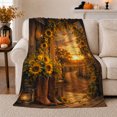 thumbnail image 1 of Country Sunset Barn Door Sunflower Cowboy Boots Scene, Rustic Farmhouse Horse Scene, Warm Flannel Blanket for Ranch House and Living Room, Horse Lovers Housewarming Gift, Rustic Home Decor, 1 of 9