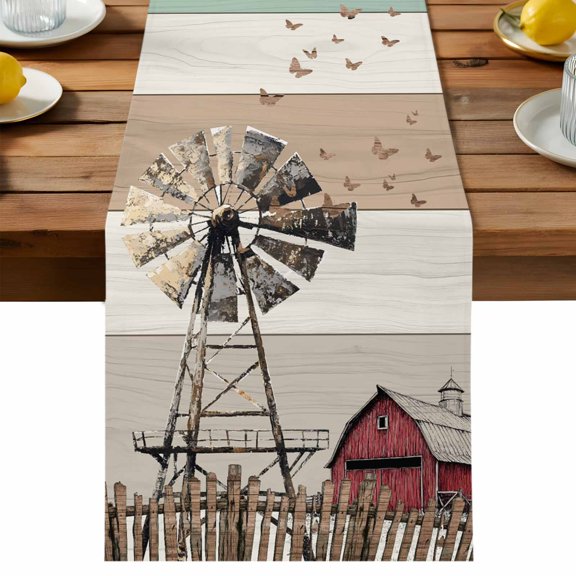 Country Table Runner, Windmill Farmhouse Butterfly Wood Grain Cotton Linen Table Cloth, Tablerunner for Kitchen Dining Party Wedding Home Decor 13x36 Inch