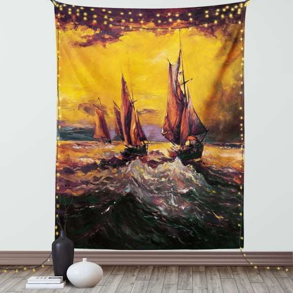 Country Tapestry, Image of Old Sailboats Ships Cruising in Waves at Sunrise Time Dark Sky Art, Wall Hanging for Bedroom Living Room Dorm Decor, 60W X 80L Inches, Yellow Orange, by Ambesonne