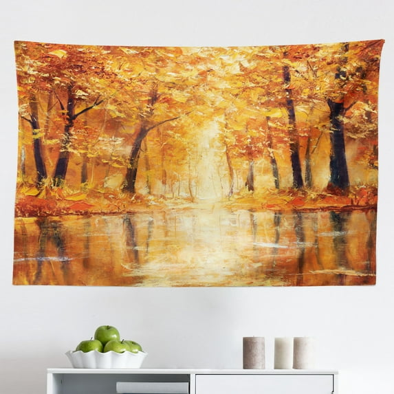 Country Tapestry, View of a Misty Morning at The Harbor with Boats and Birds in Old Fishing Town Art, Fabric Wall Hanging Decor for Bedroom Living Room Dorm, 2 Sizes, Multicolor, by Ambesonne