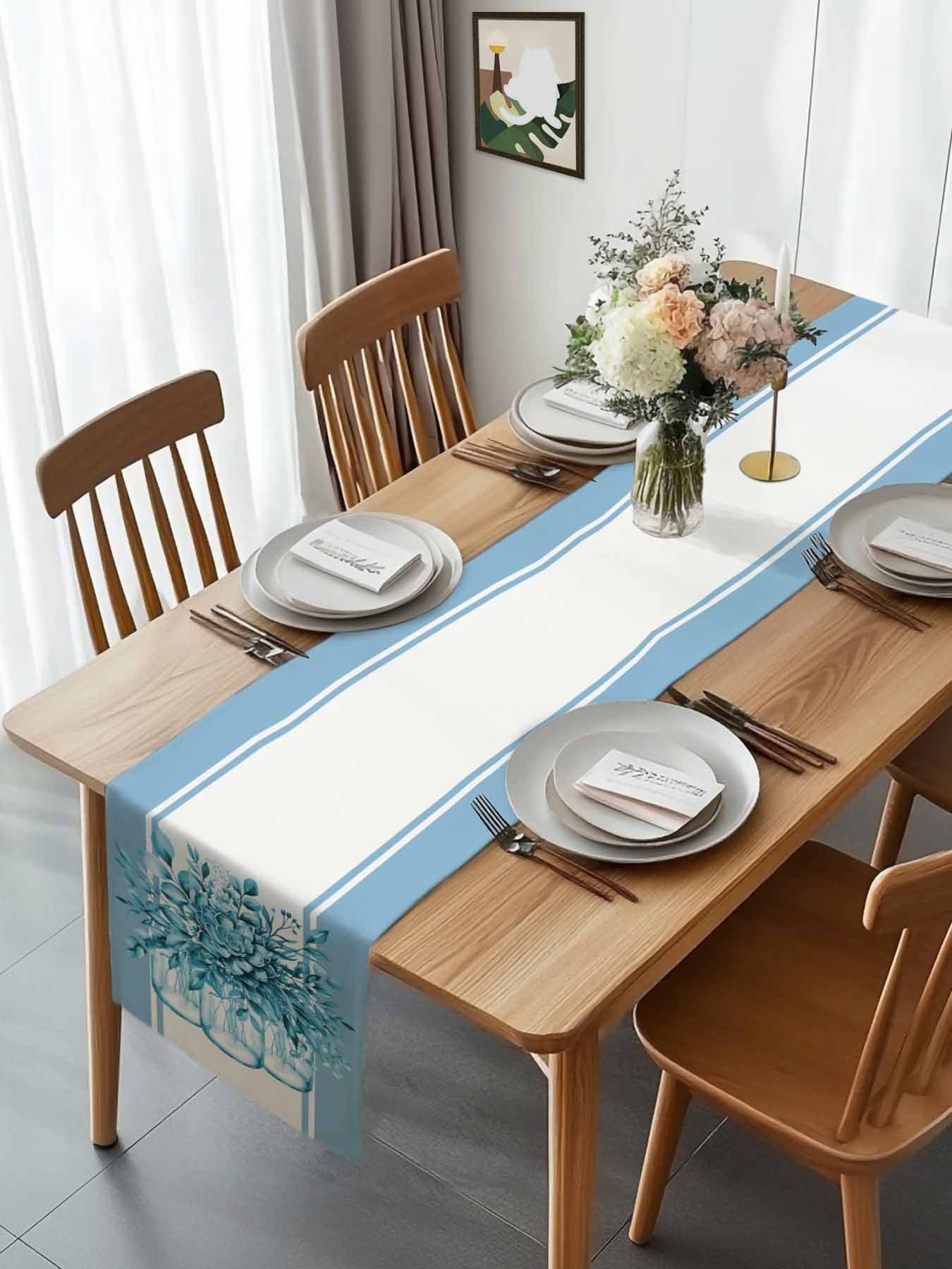 Country Teal Flower Botanical Table Runner 90 Inches Long, Modern Watercolor Stripes Table Runners Tabletop Scarf Kitchen Dining Tables Decoration for Home Party Indoor Outdoor