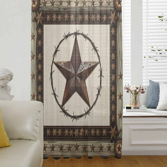 Country Texas Star Semi Sheer Curtains Drapes for Living Room, Bedroom, French Doors Window 72 Inches Long, Brown Farmhouse Vintage Wooden Rod Pocket Chiffon Curtain Drapery Voile Draperies Panel