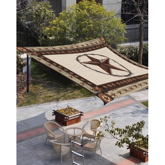 Country Texas Star Sun Shade Sail 6.5'x10' Rectangle Outdoor Shade Canopy, Brown Farmhouse Vintage Wooden Porch Shades Outdoor Sun Blocking Screen, Sunshade Cloth Covers for Patio/Deck/Garden
