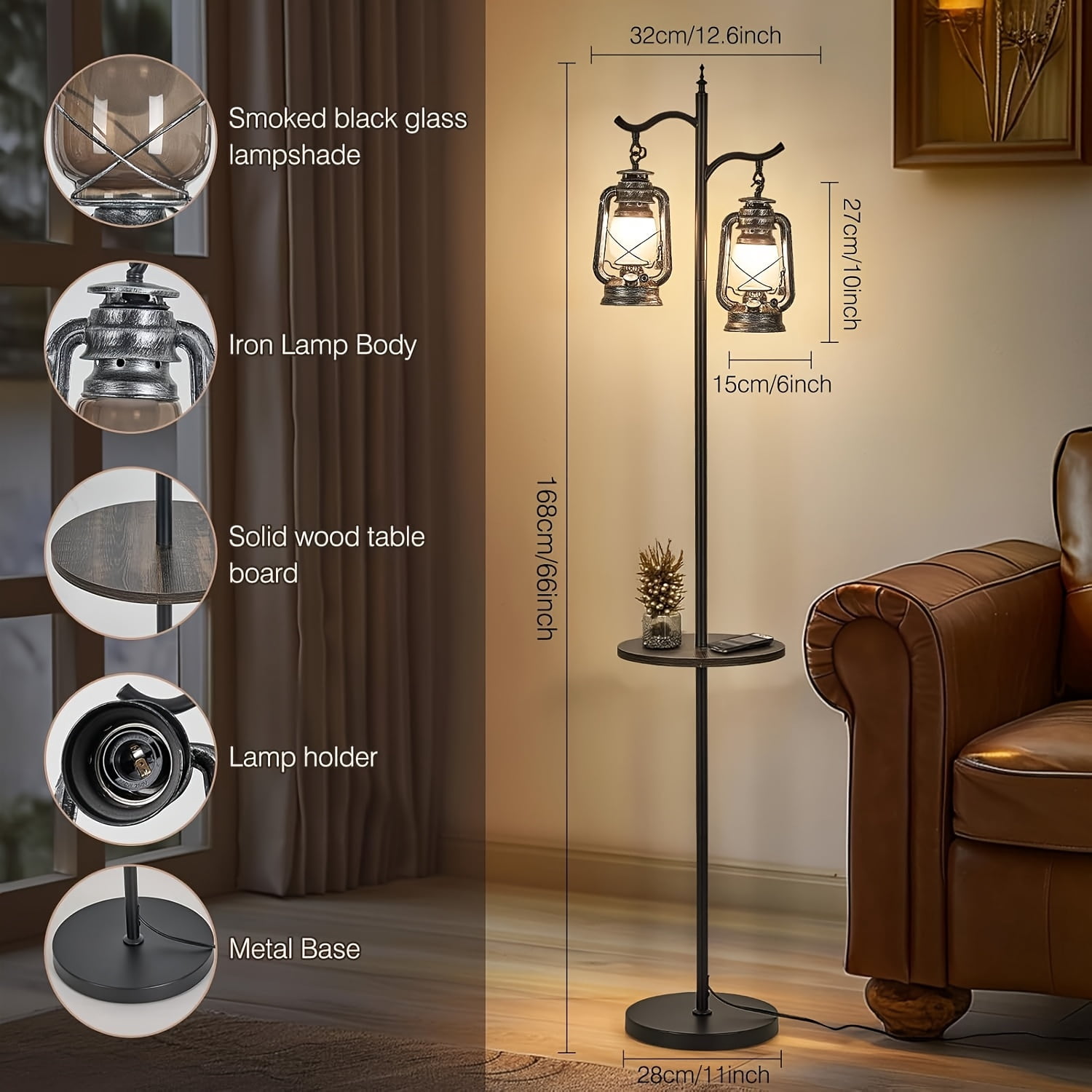 Country-Themed Desk Lamp with Two Heads, Vintage Floor Lamp Suitable for Living Rooms And Bedrooms, Adjustable Brightness Floor Lamp