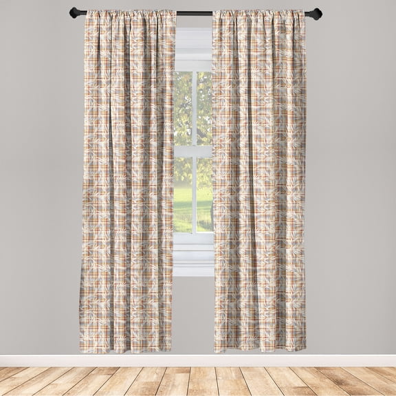 Country Themed Window Curtains, Retro Repetitive Feathery Leaves with Plaid Gingham Pattern, Lightweight Decor 2-Panel Set with Rod Pocket, Pair of - 28"x84", Cinnamon White Cadet Blue, by Ambesonne