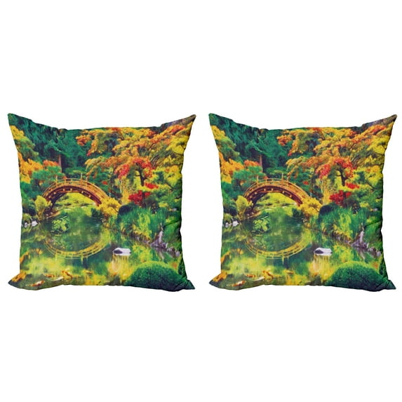 Ambesonne Japanese Throw Pillow Cover 2 Pack, Garden with Old Bridge, 20", Green Orange