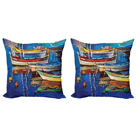 Ambesonne Colorful Throw Pillow Cover 2 Pack, Shore at Warm Sunset, 16", Multicolor
